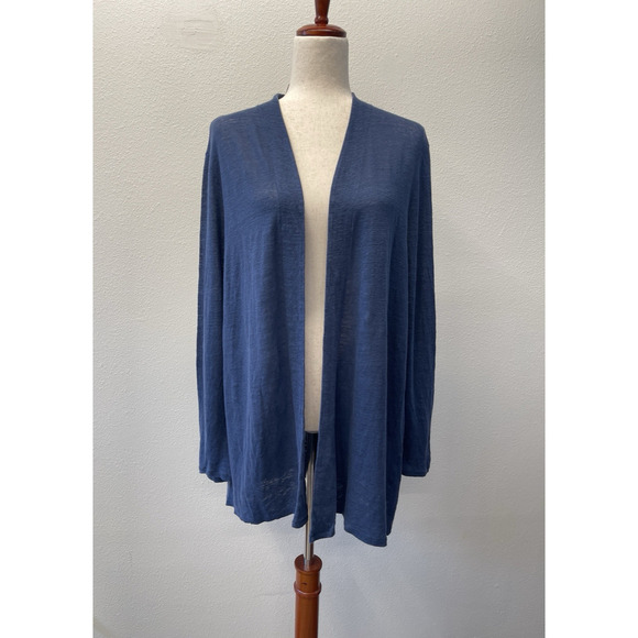 J. Jill 100% Linen Cardigan Sweater Womens Size L Blue Beachy Coastal Open Front - Picture 1 of 5